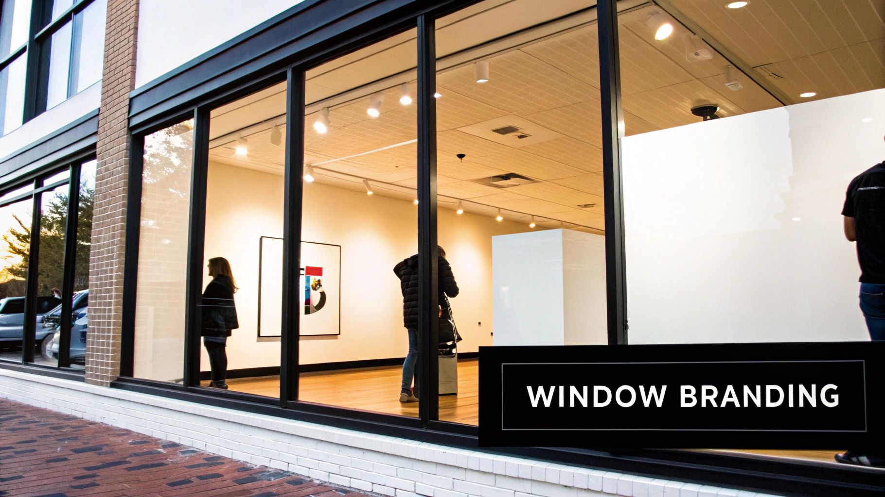 A modern building's storefront with large glass windows displaying art and people inside, featuring a 'WINDOW BRANDING' overlay.