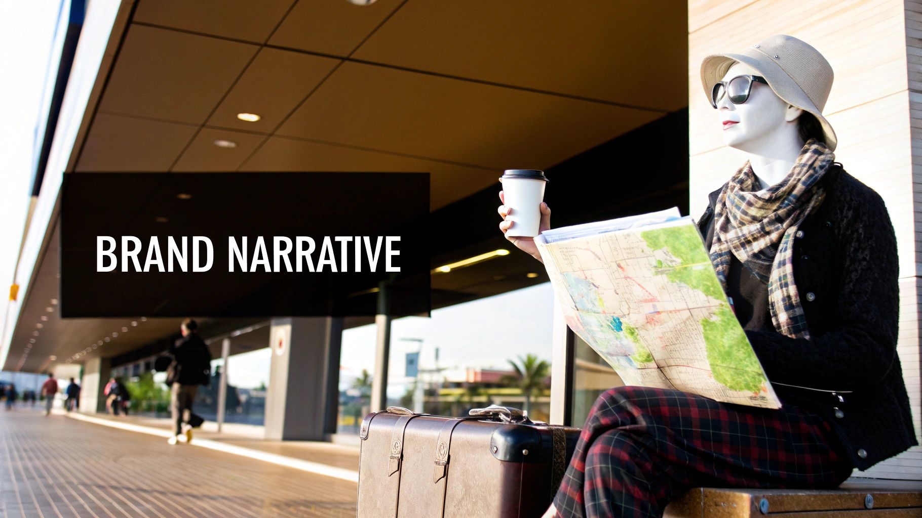 Mannequin in travel attire holding a map and coffee cup next to a sign saying BRAND NARRATIVE.