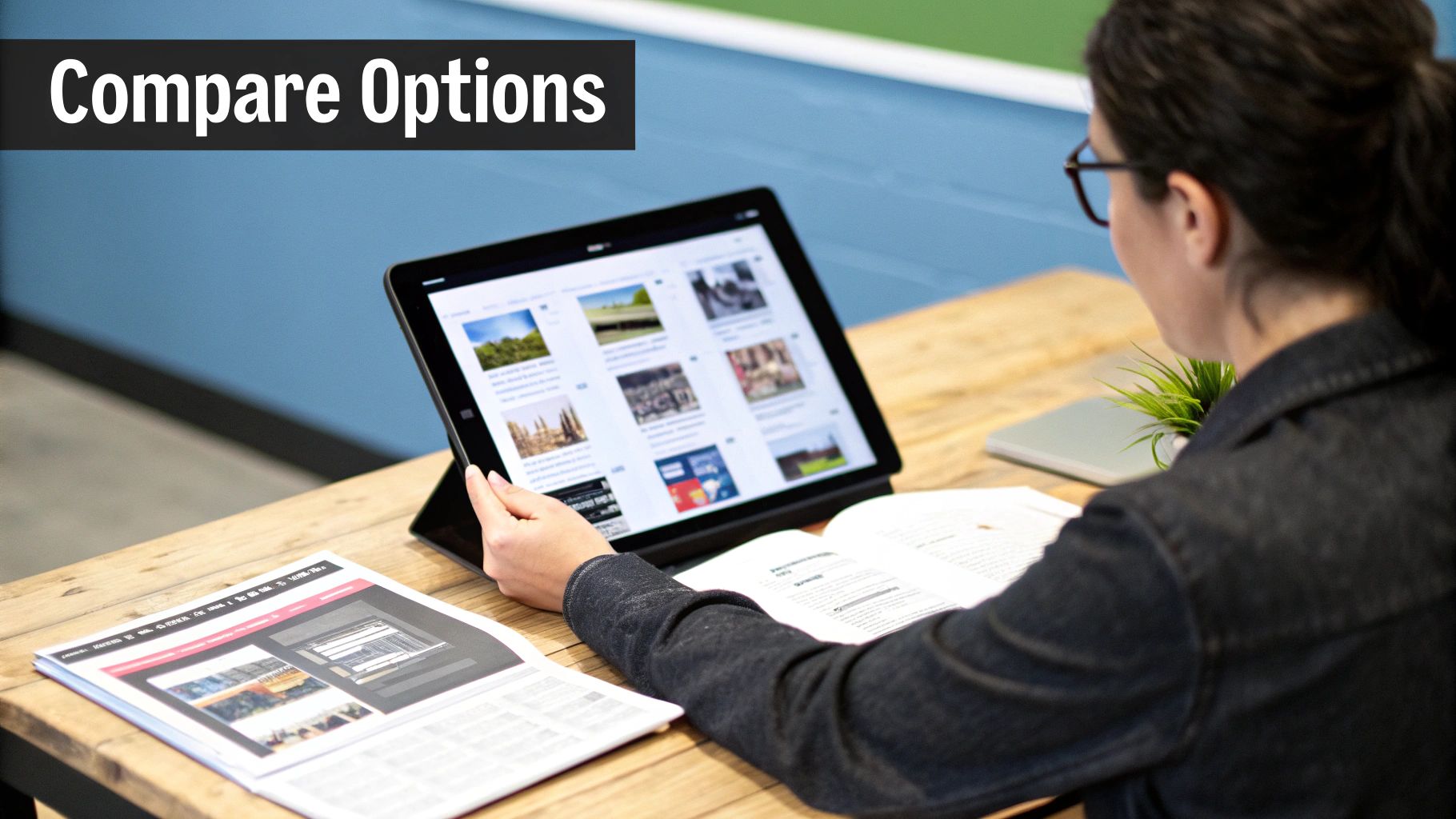 Business owner carefully reviewing a sign company's online portfolio on a tablet.