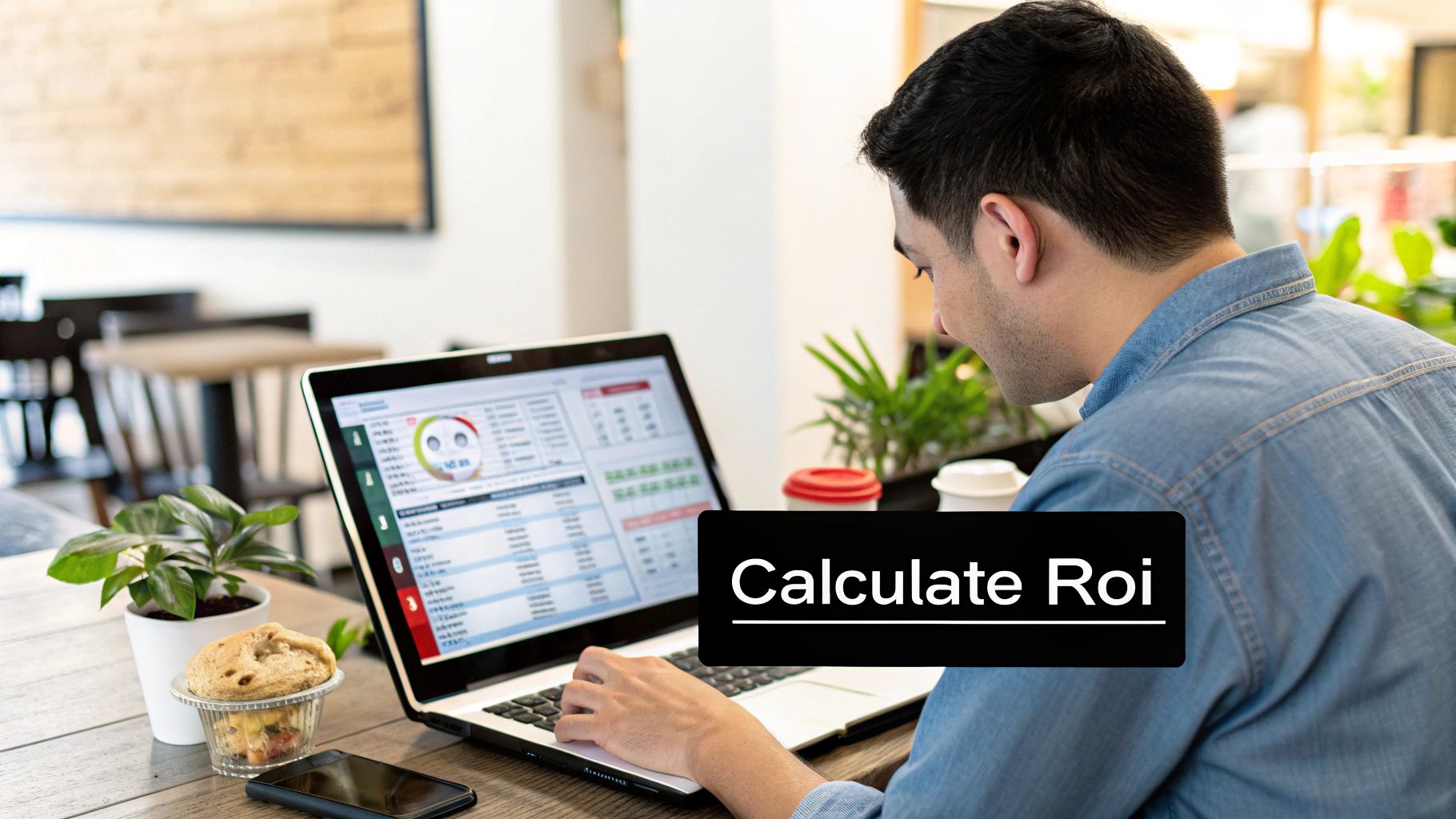 Man working on a laptop, calculating ROI with financial data charts on screen.