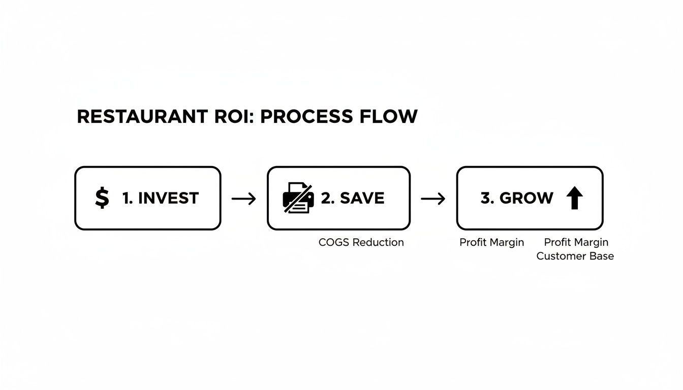 A diagram shows the 3-step restaurant ROI process: 1. Invest, 2. Save, 3. Grow.