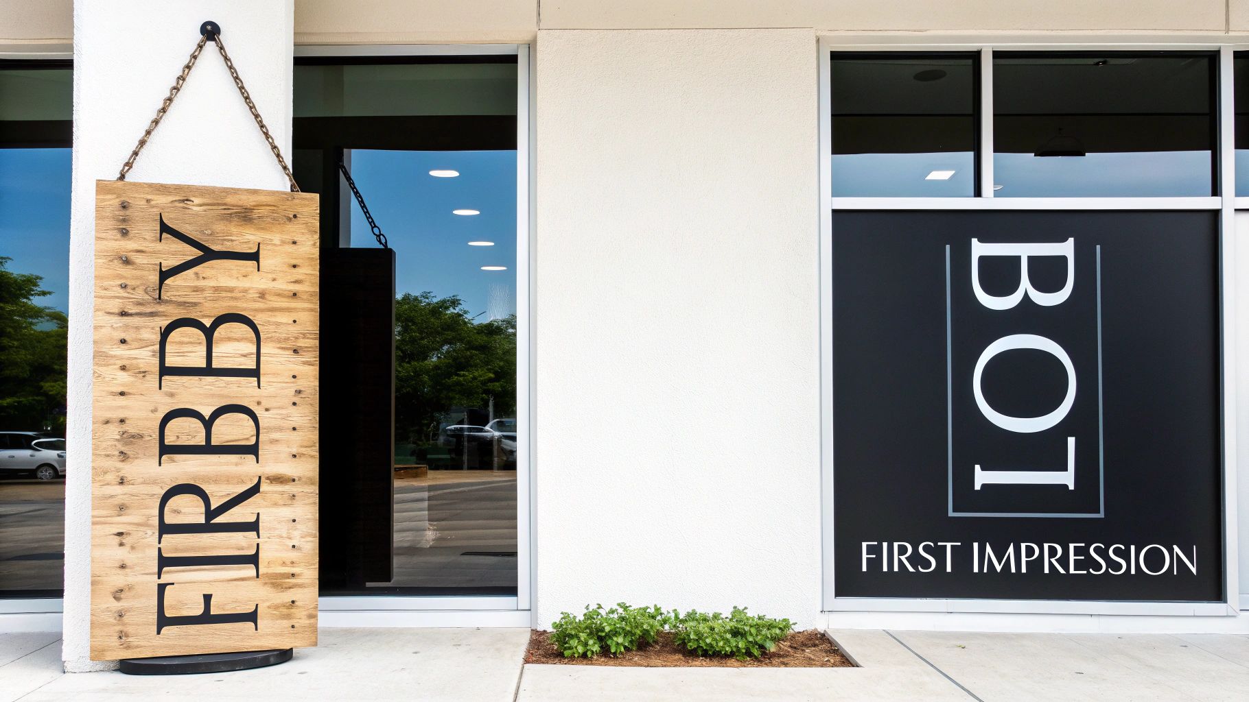 Modern business storefront featuring rustic wooden sign and sleek black lobby first impression signage