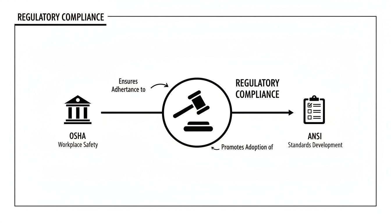 Diagram showing how OSHA ensures regulatory compliance and promotes ANSI standards development.