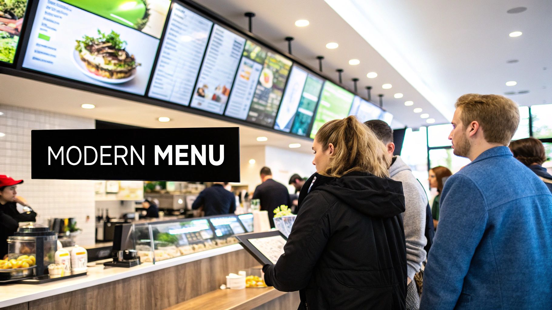 People queueing at a modern fast-casual restaurant with bright digital menu boards displaying food items.