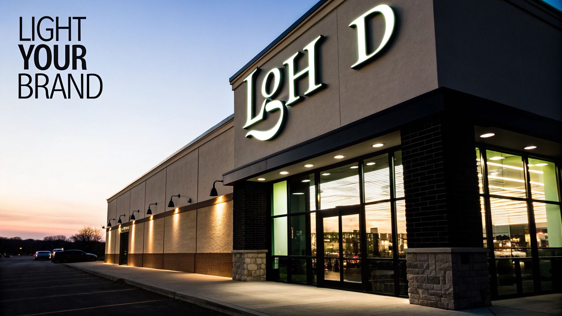 Illuminated 3d letter sign on a dark brick wall