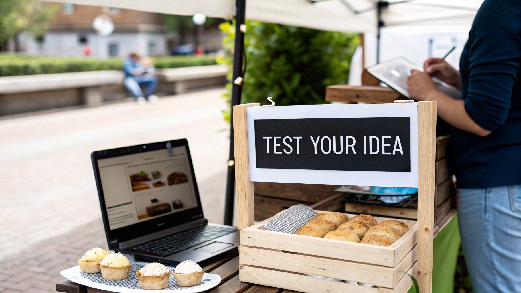 A small business stall with a 'Test Your Idea' sign, laptop, and baked goods, with a person writing on a tablet.