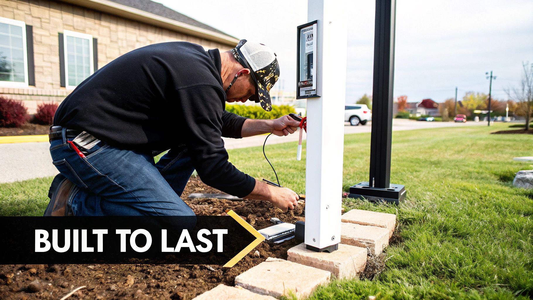 Man in jeans and cap installing an exterior directional sign, connecting wires to a white pole base on pavers.