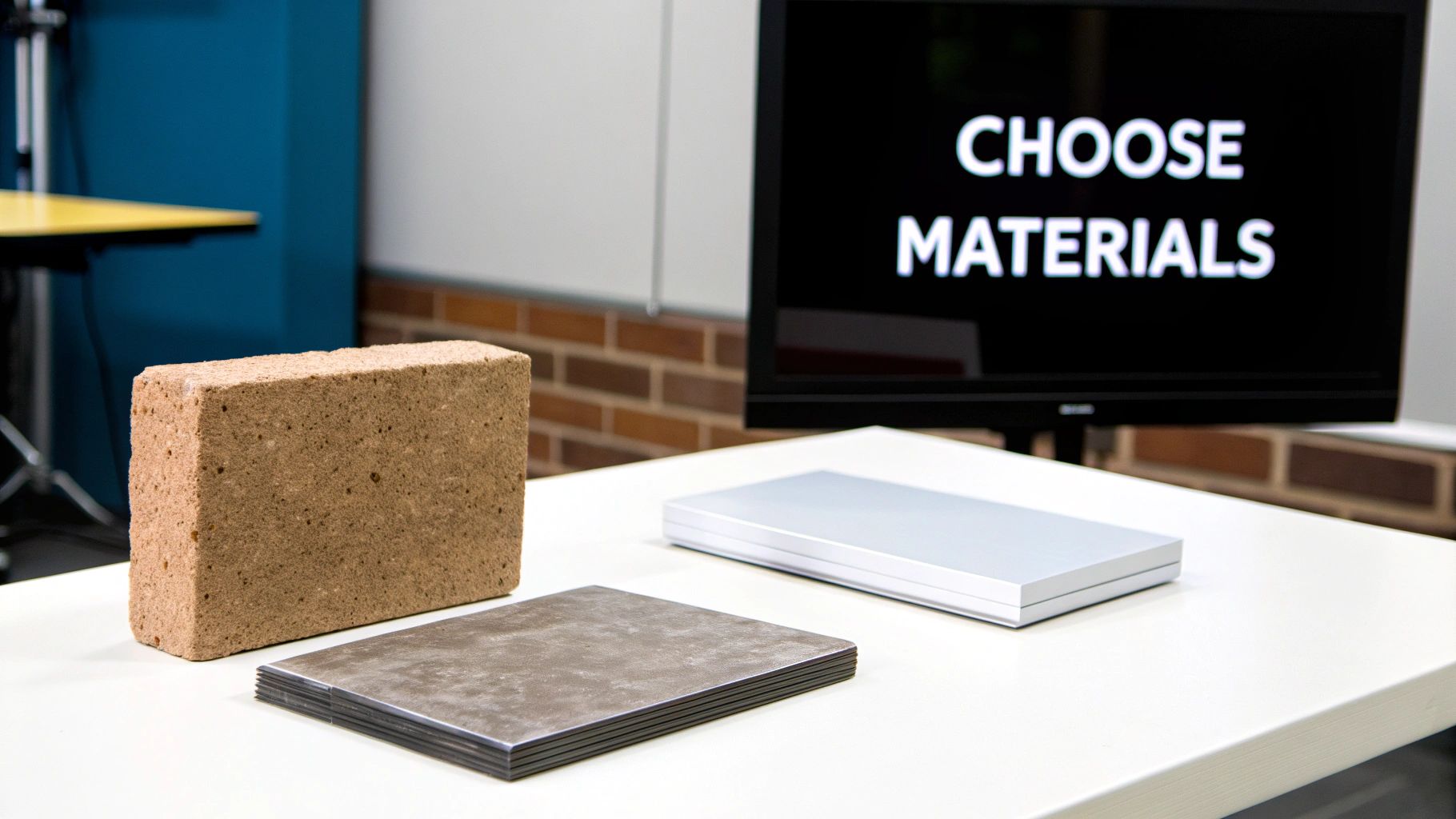 A close-up of various building materials, including a brick, metal plates, and a silver box, on a white table with a screen displaying 'CHOOSE MATERIALS' in the background.