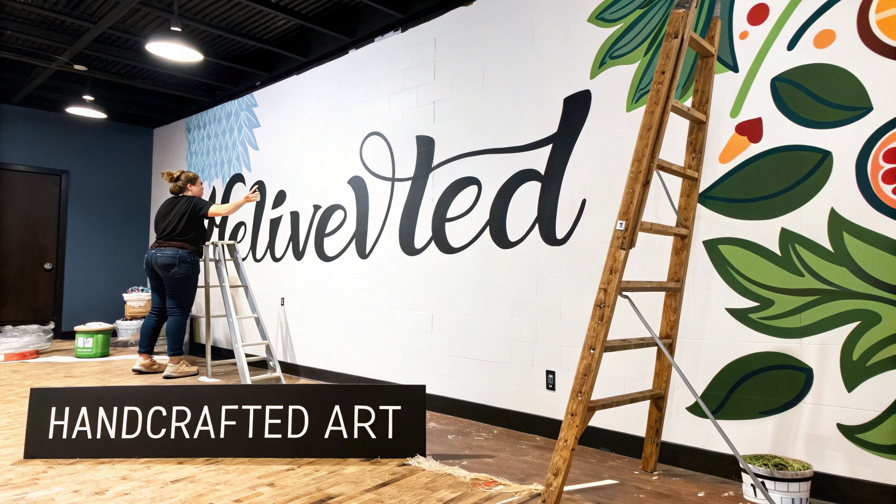 A woman on a ladder paints a 'lived' script mural and colorful plant designs on a white wall.