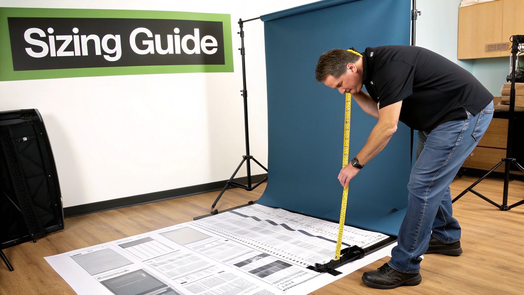A man carefully measures a sizing guide printout on the floor using a yellow tape measure.