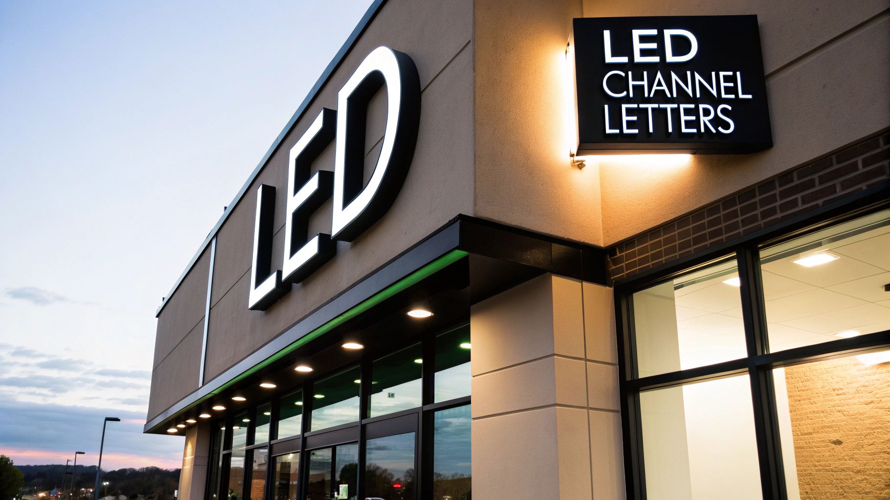 Modern building exterior featuring illuminated 'LED' and 'LED CHANNEL LETTERS' signs at dusk.