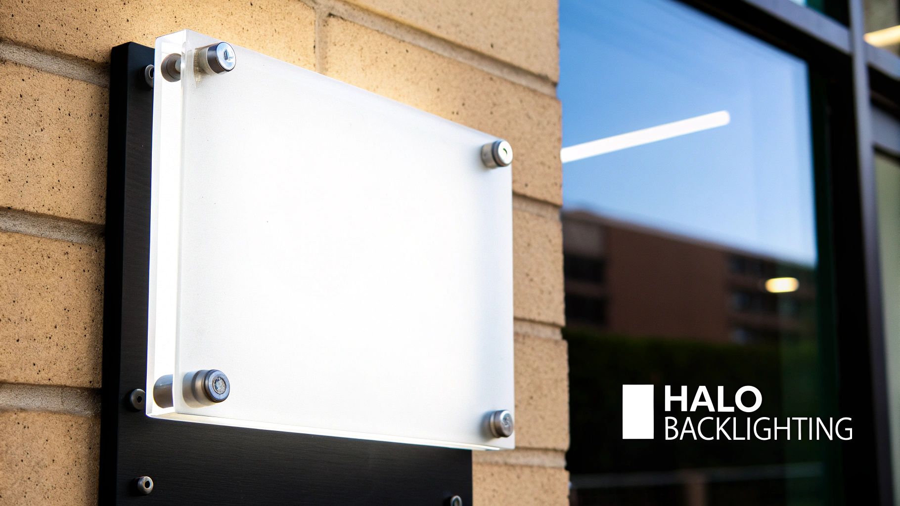 A frosted acrylic sign with halo backlighting mounted on a textured brick wall.