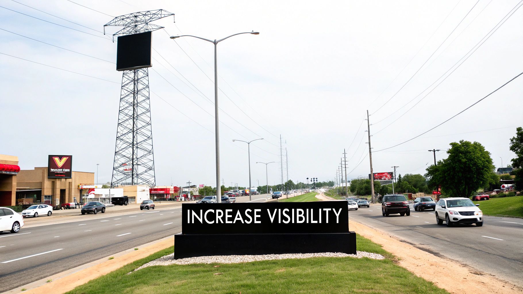 A row of illuminated pylon signs for various businesses along a busy road.