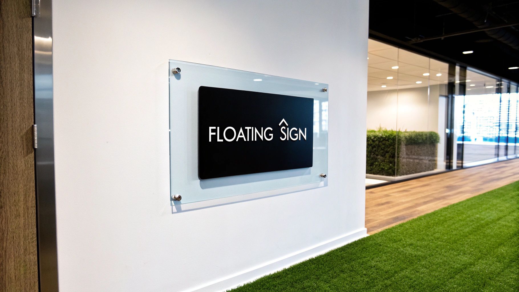 A sleek acrylic standoff sign displaying a company logo in a modern office lobby.