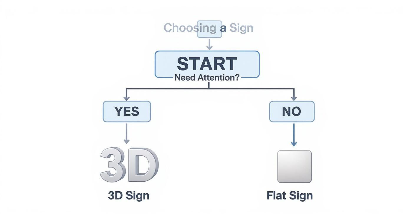 Flowchart diagram showing decision process for choosing between 3D dimensional signs and flat signs