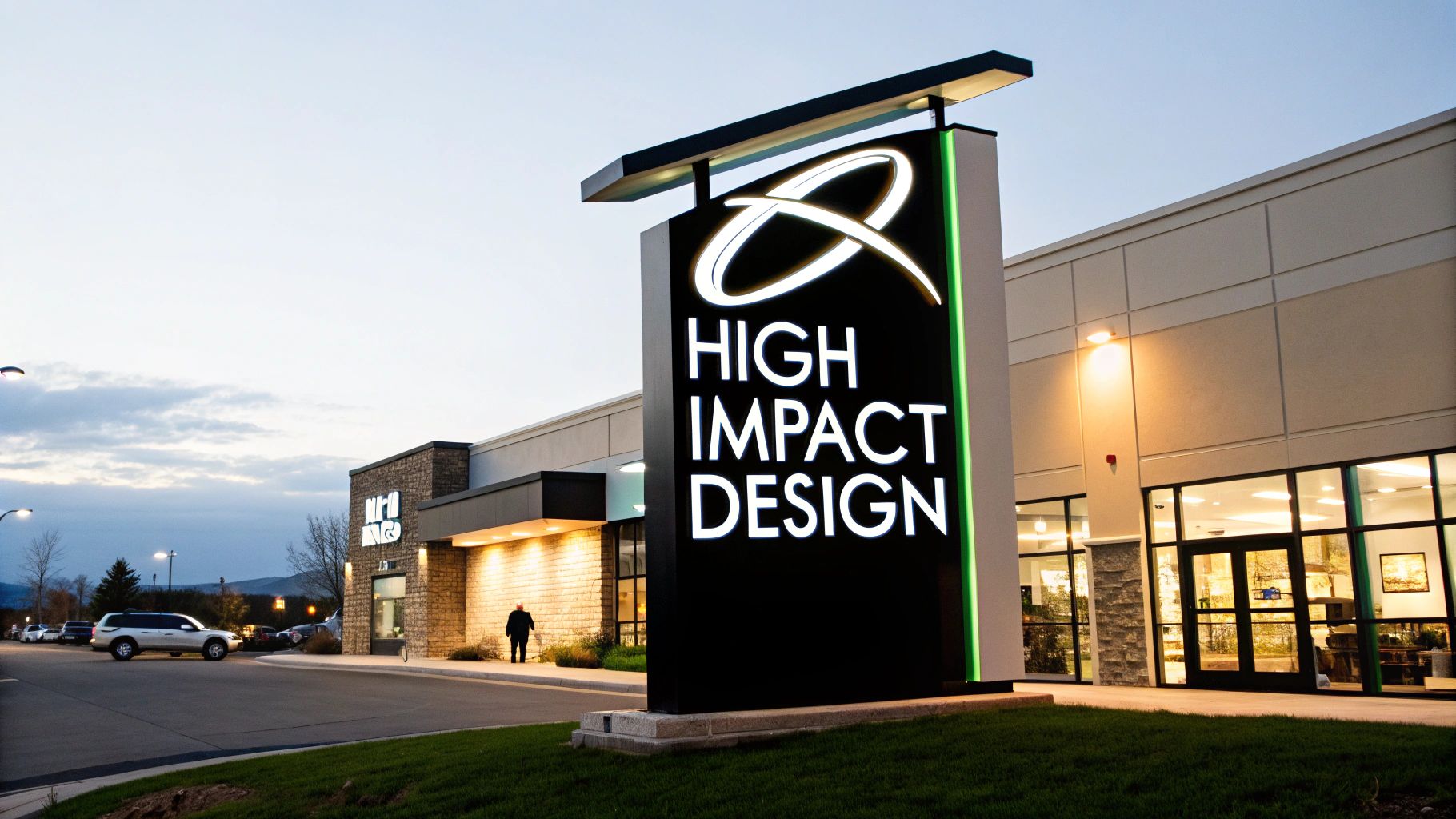 An illuminated 'High Impact Design' monument sign stands prominently in front of a modern building at dusk.