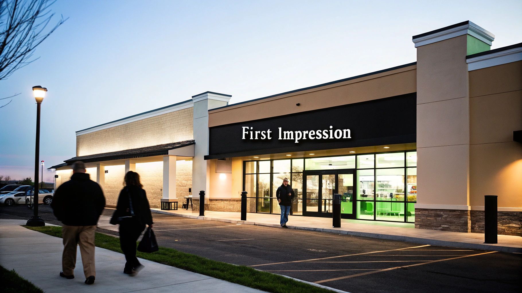 Modern business exterior at dusk with 'First Impression' outdoor signage and people walking outside.