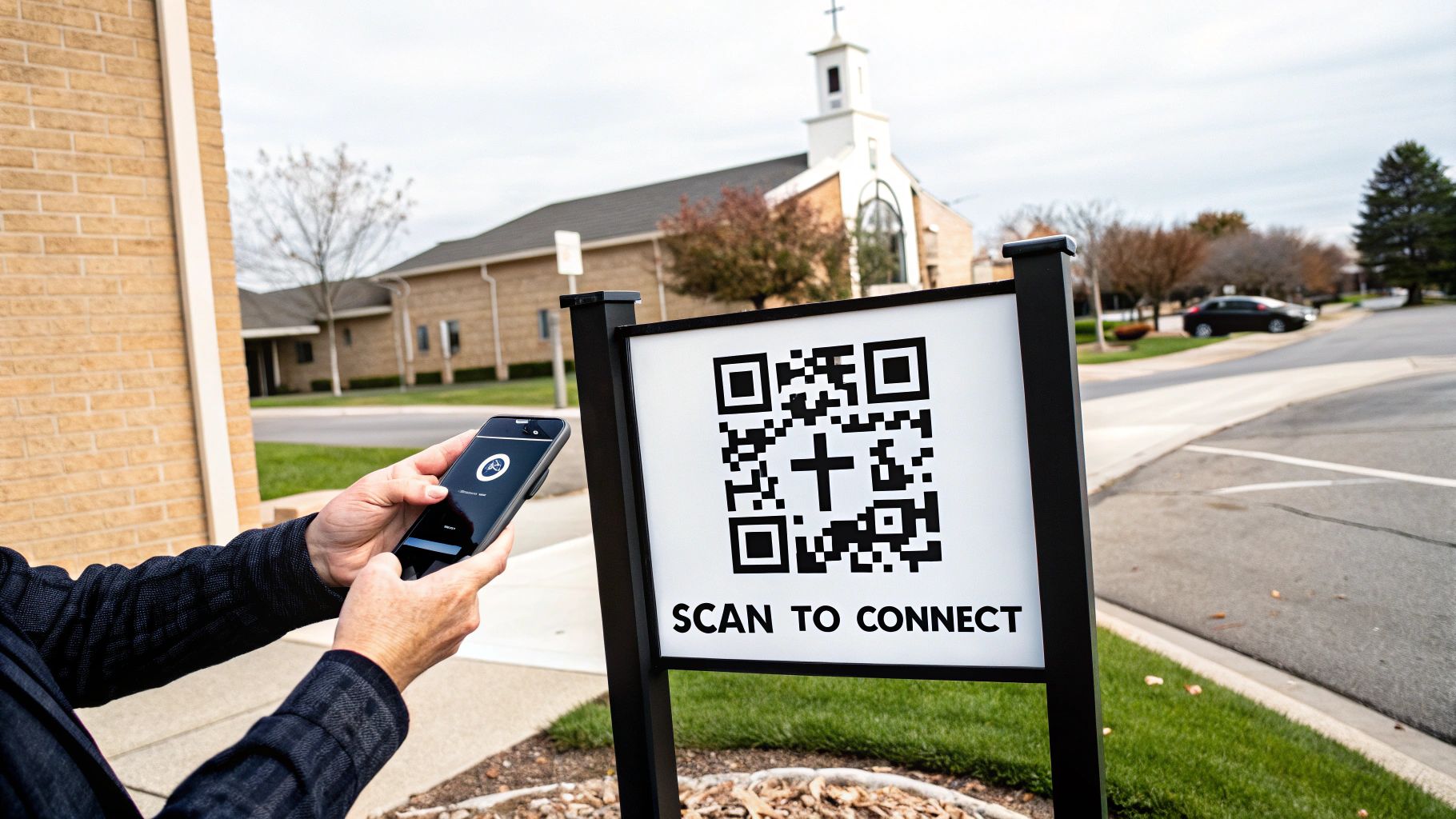 A modern church sign with a QR code, linking to the church's website or online sermon.