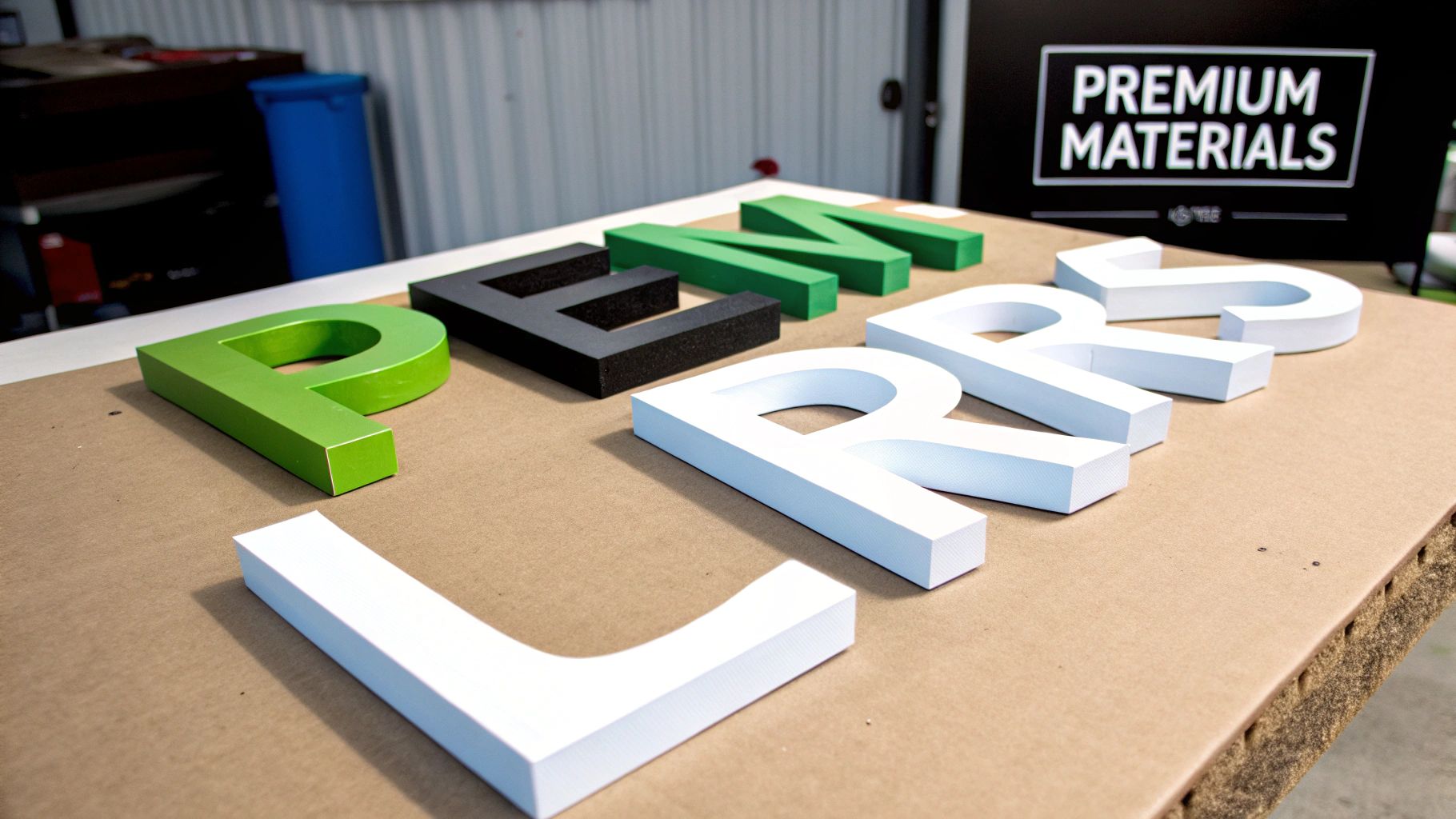 Three-dimensional custom cut letters in white, green, and black showcasing premium materials for signage