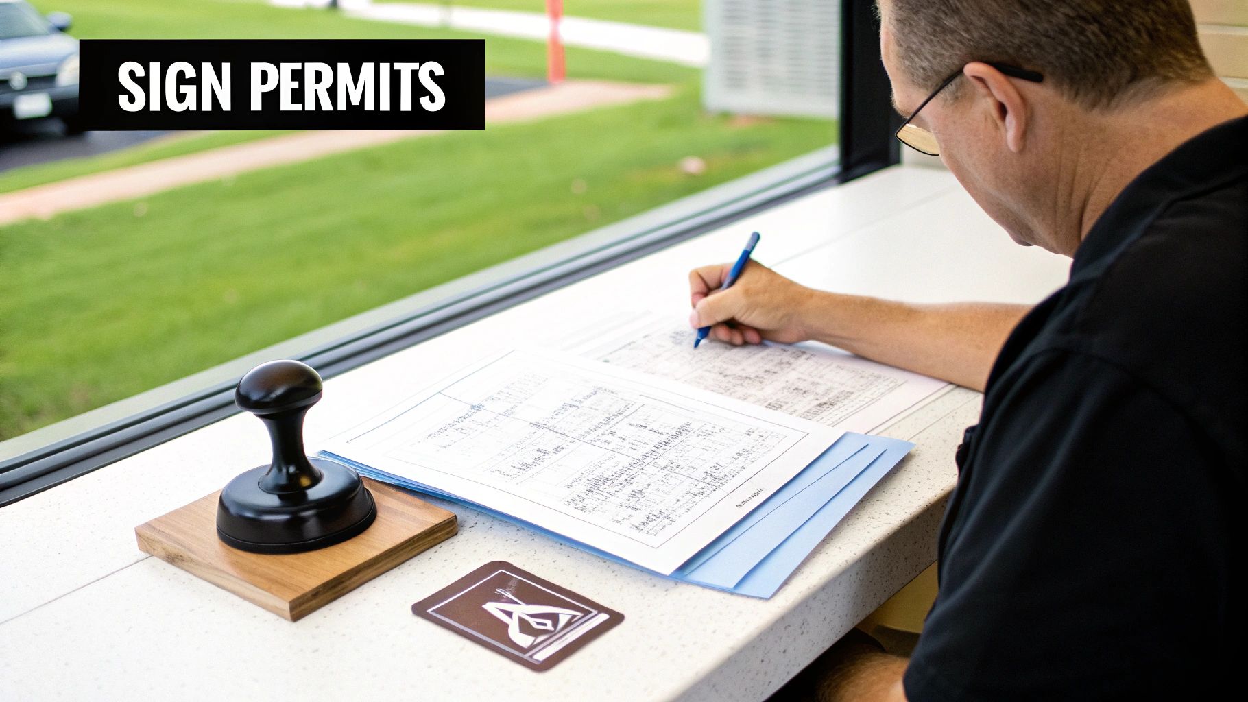 A man in glasses fills out sign permit documents with a pen at a desk.