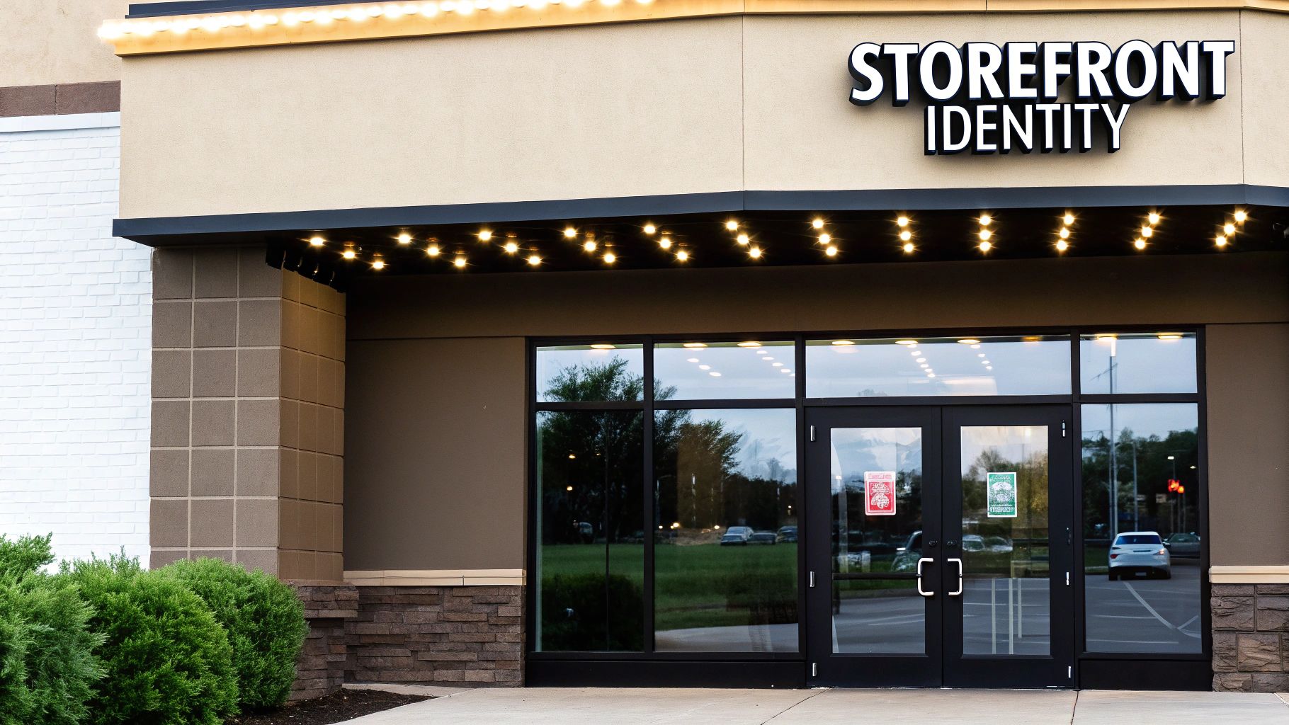 A modern storefront with "STOREFRONT IDENTITY" sign, large glass windows, and an illuminated black awning.