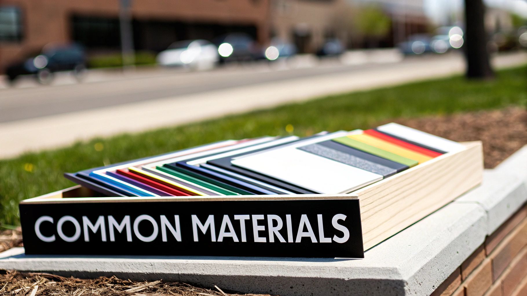 A wooden box displays various colored and textured material samples labeled 'COMMON MATERIALS' on an outdoor stone ledge.