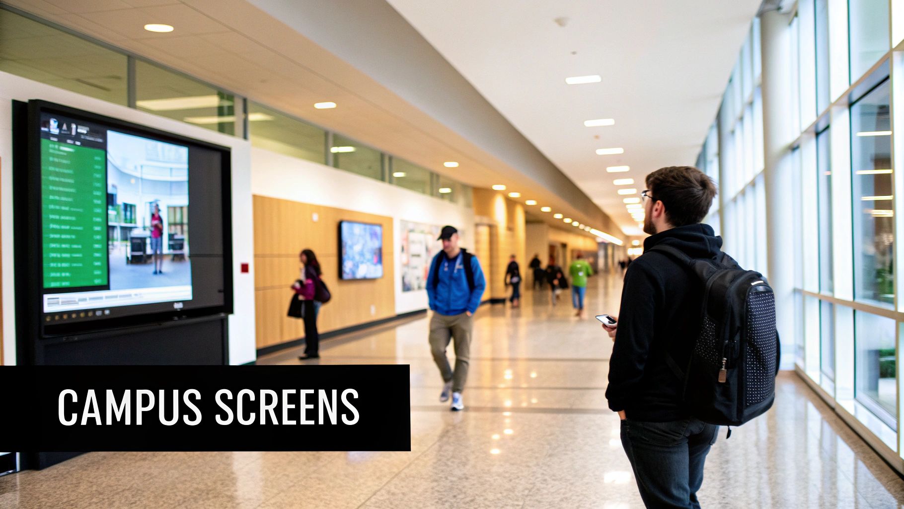 Students interacting with a digital display in a modern school hallway.