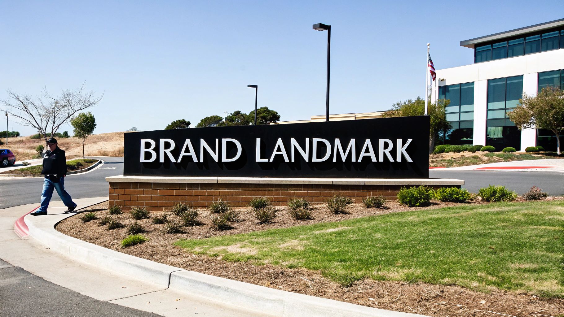 Man walks past a business sign reading 'BRAND LANDMARK' outside a modern office building.