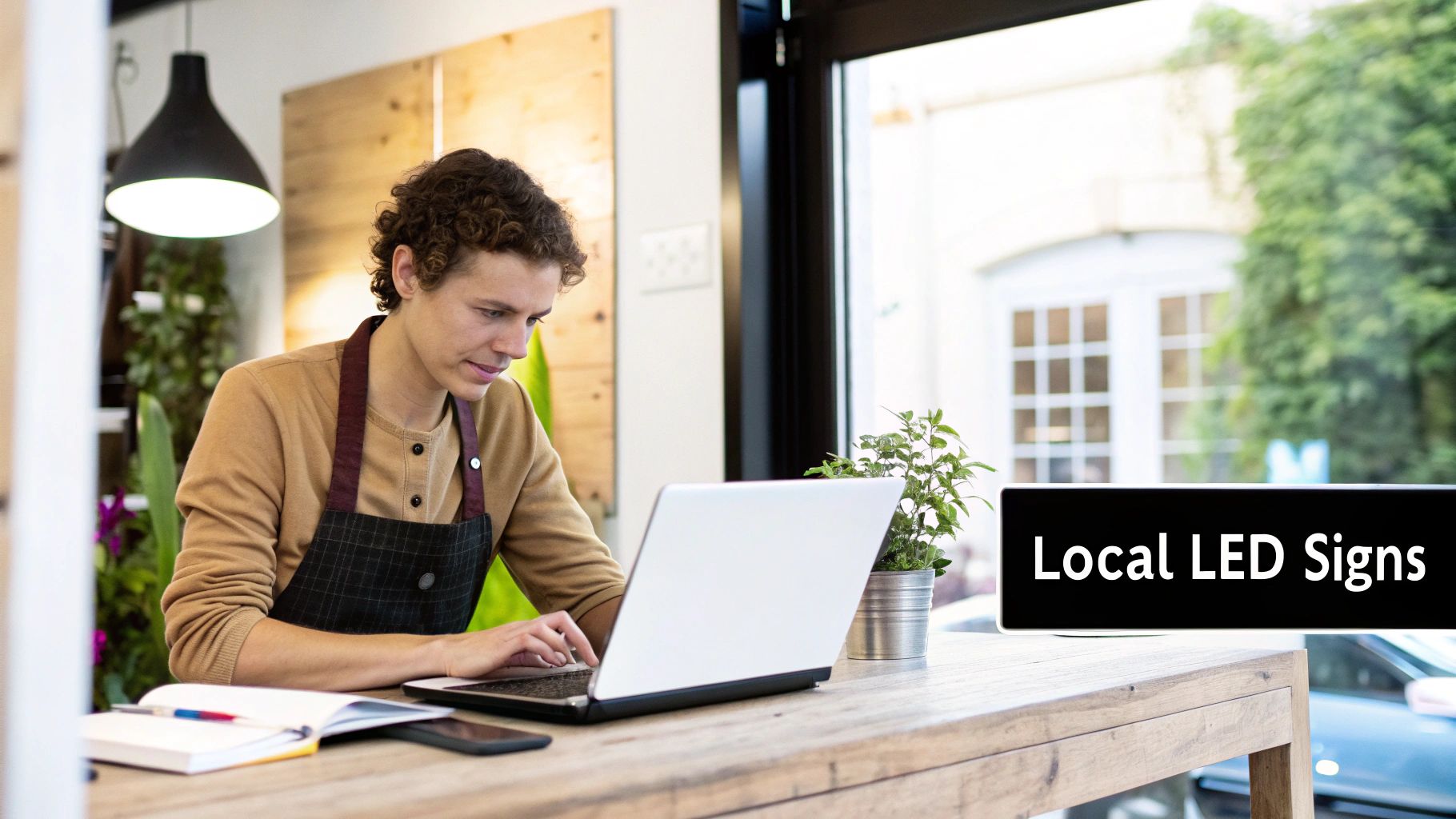 A young man in an apron works on a laptop inside a shop, promoting local LED signs.
