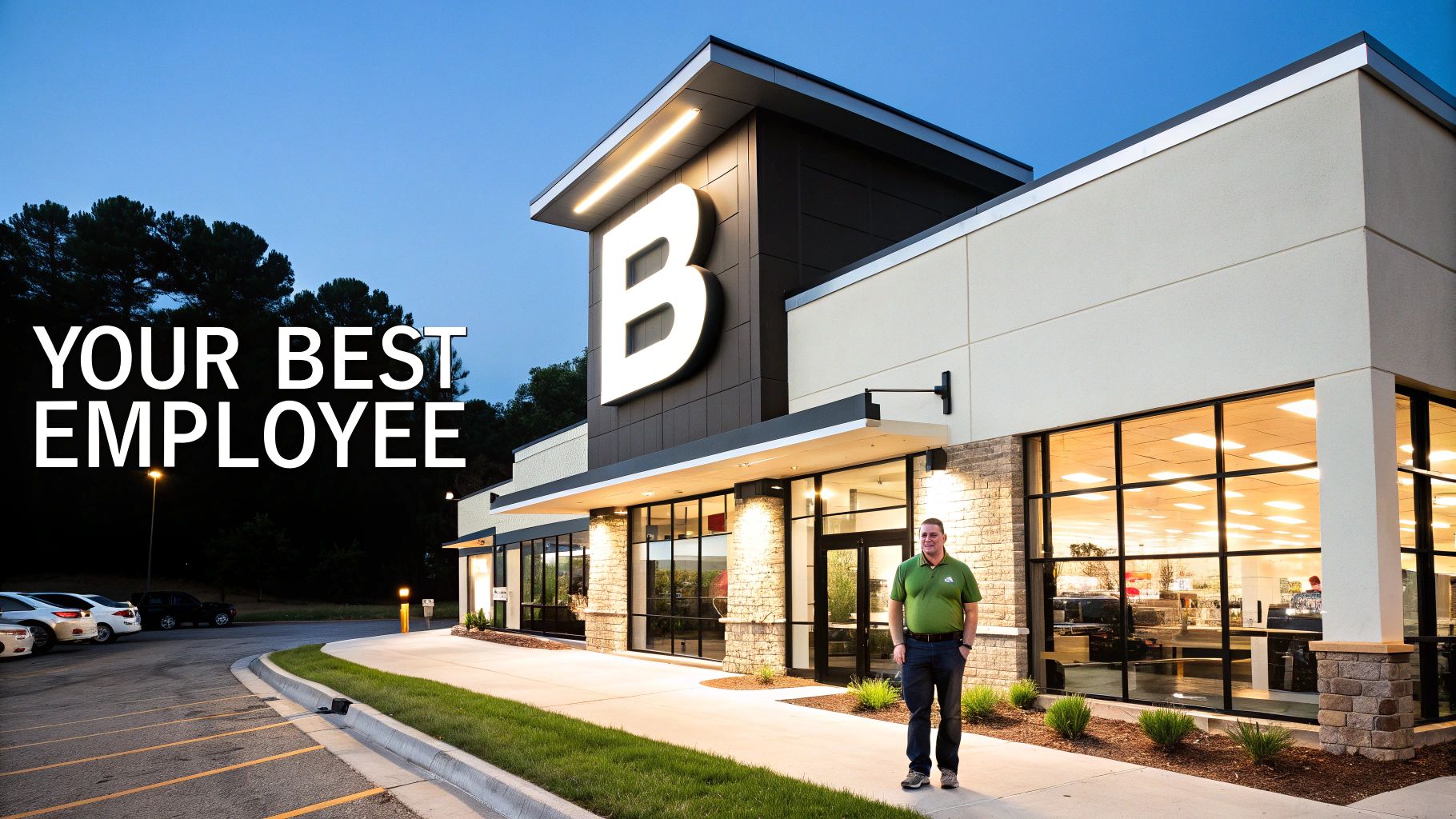 A man stands proudly outside a modern building with a large illuminated 'B' sign at dusk.