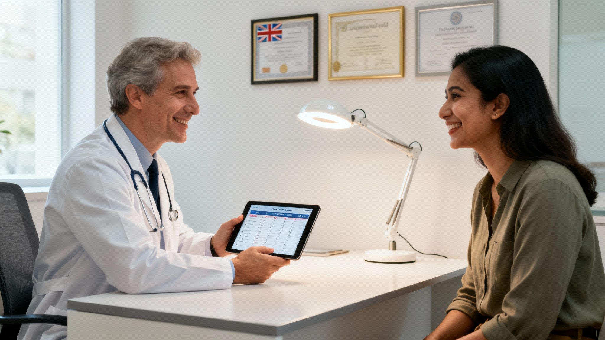 A male doctor smiles and shows a tablet to a smiling female patient in a bright medical office.
