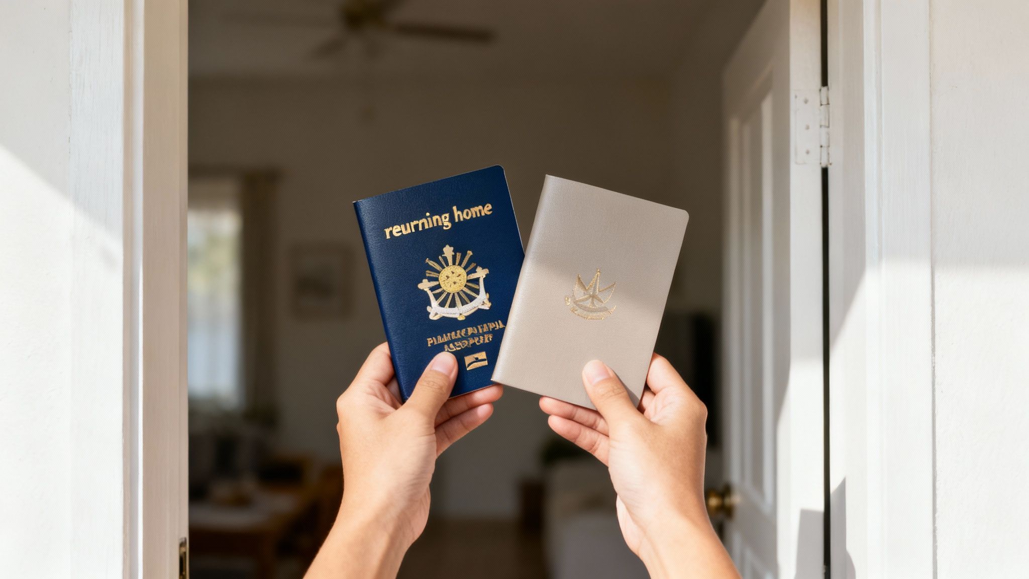 Two hands holding a blue Philippine passport and a light gray passport in an open doorway.