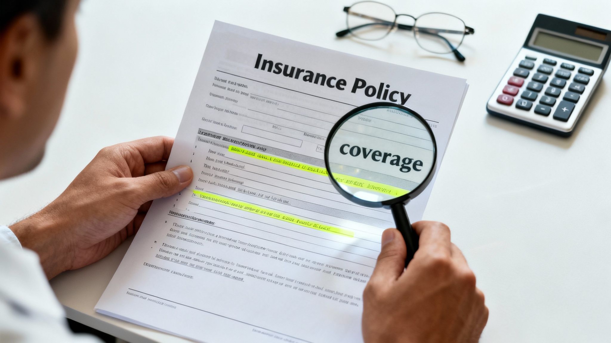 A person uses a magnifying glass to carefully review an insurance policy document, focusing on coverage details.