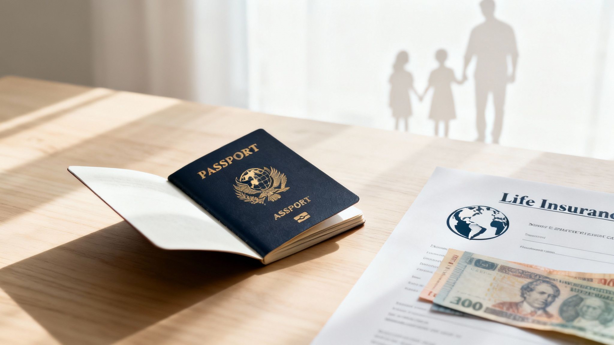 A passport, life insurance document, and money on a table, with family silhouettes in the background.