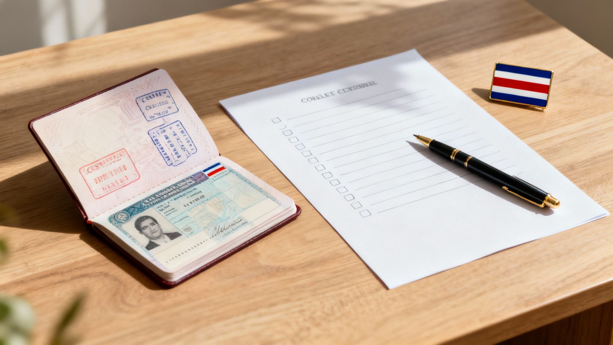 An open passport, a checklist, a pen, and a Costa Rican flag pin on a wooden desk.