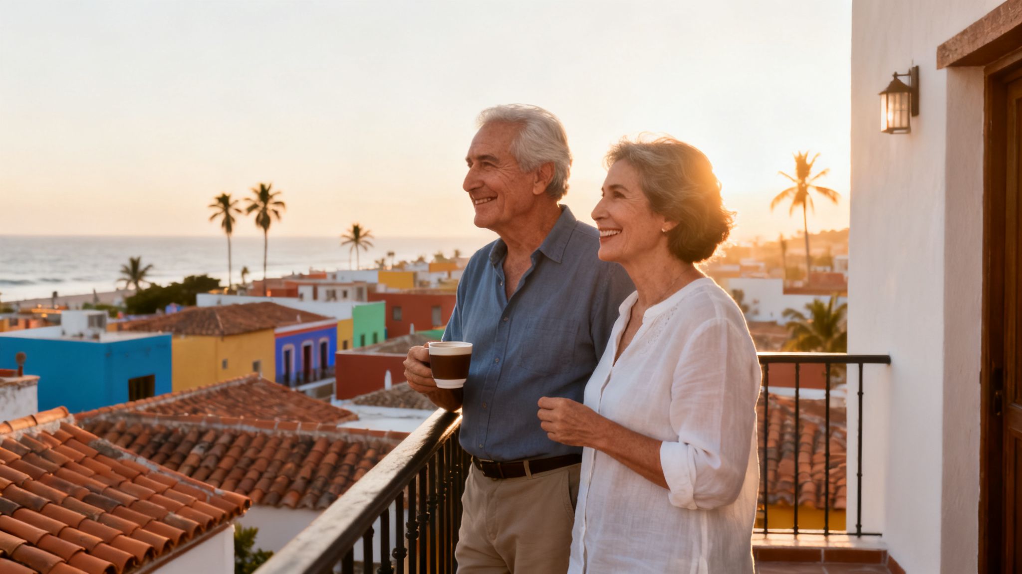 Smiling senior couple on a balcony at sunset, overlooking a vibrant coastal town and ocean.