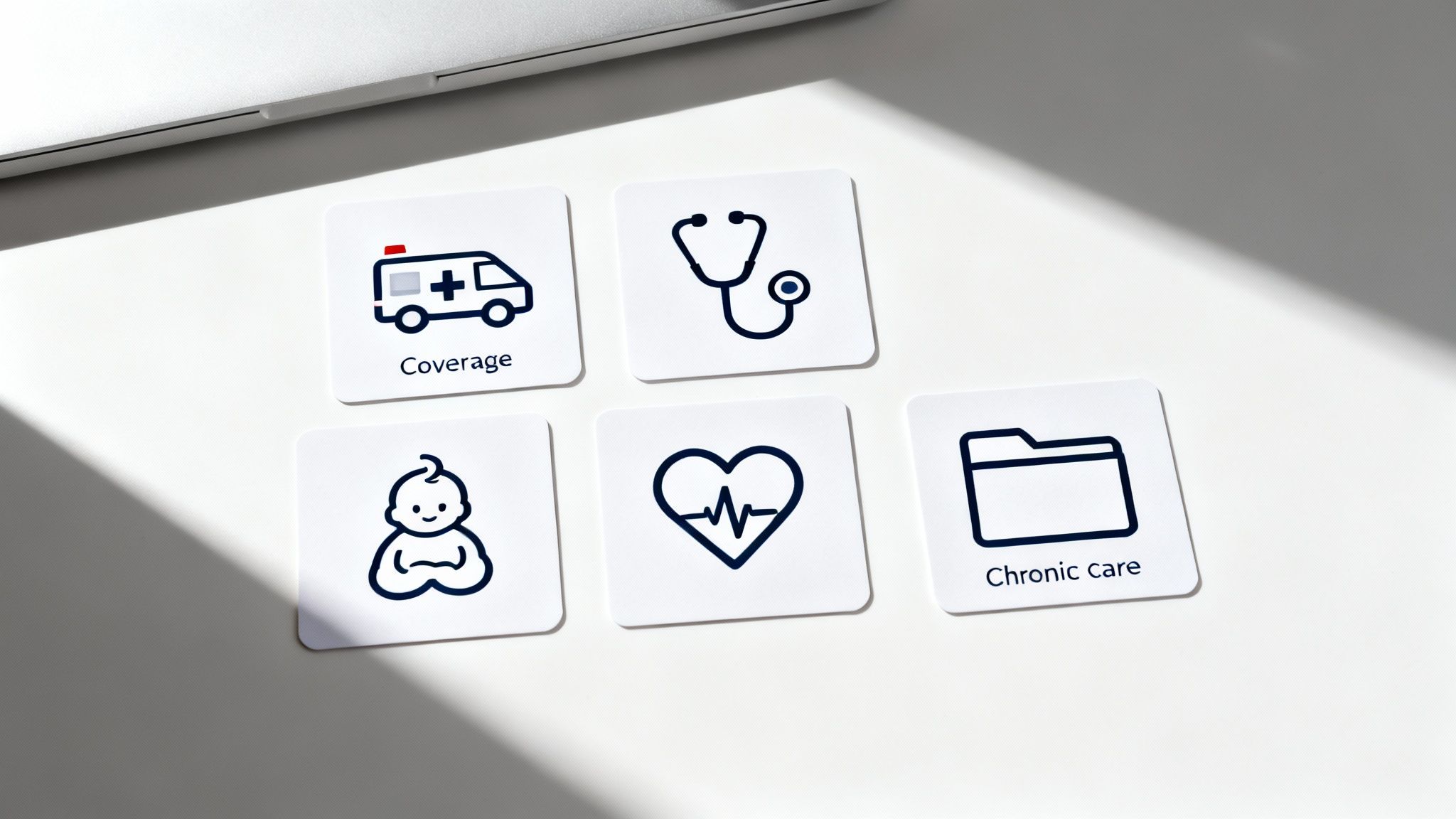 Healthcare concept with icons for coverage, medical care, baby, heart health, and chronic care.