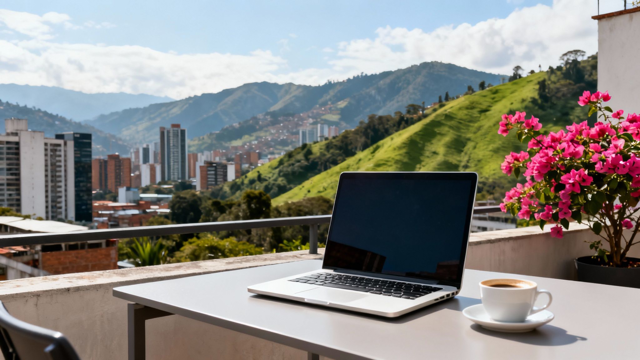 Laptop, coffee, and pink flowers on a balcony overlooking a vibrant city and green mountains.