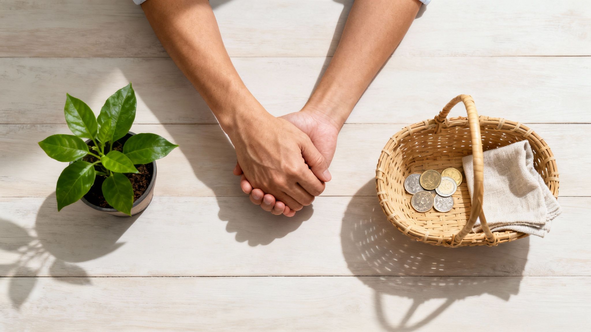 Overhead shot of two hands clasped, a green plant, and a basket of coins on wood.
