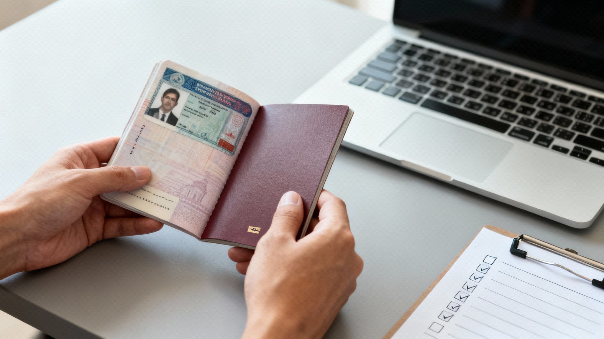 Close-up of hands holding an open passport with a visa, next to a laptop and a checklist.