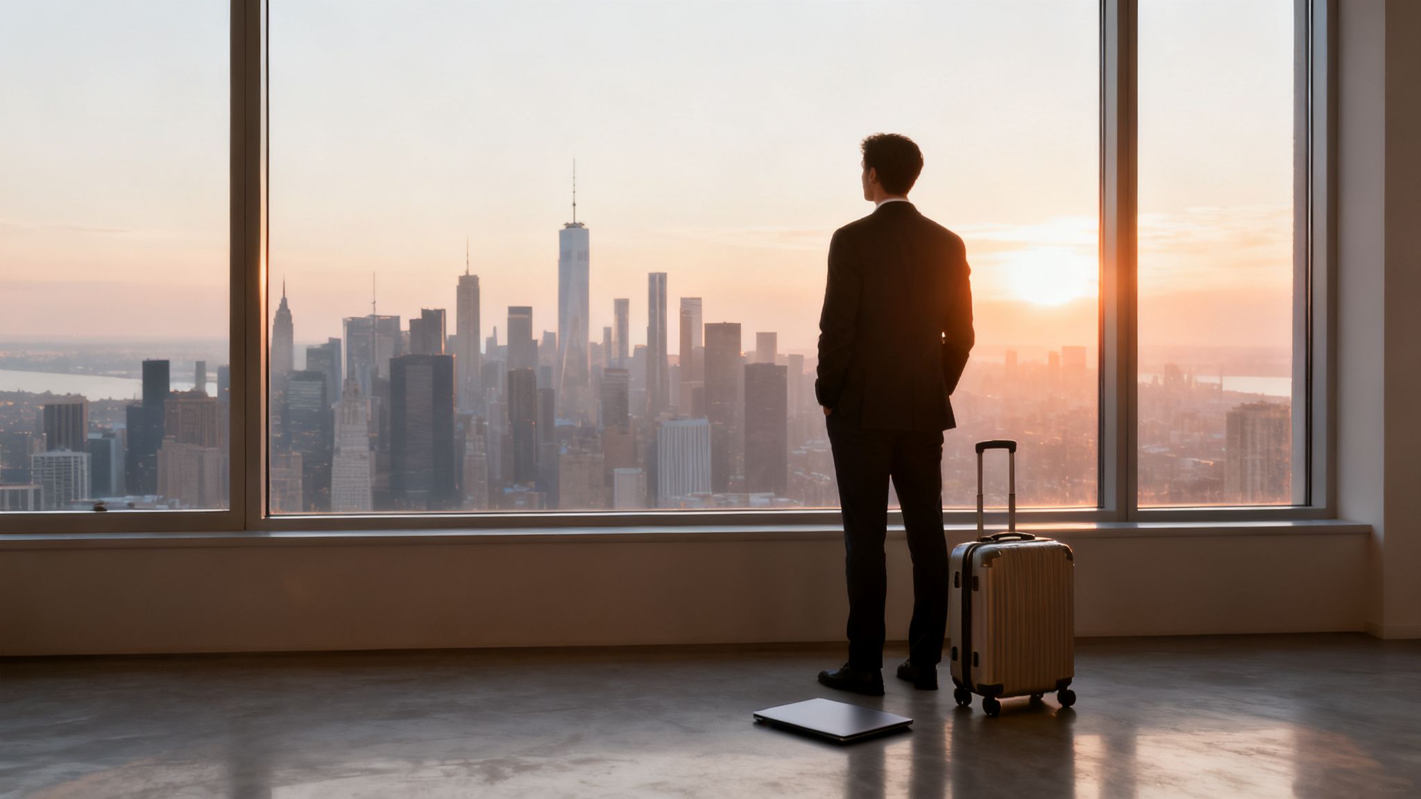 Businessman in suit looking out at a vibrant city skyline at sunset with his luggage.