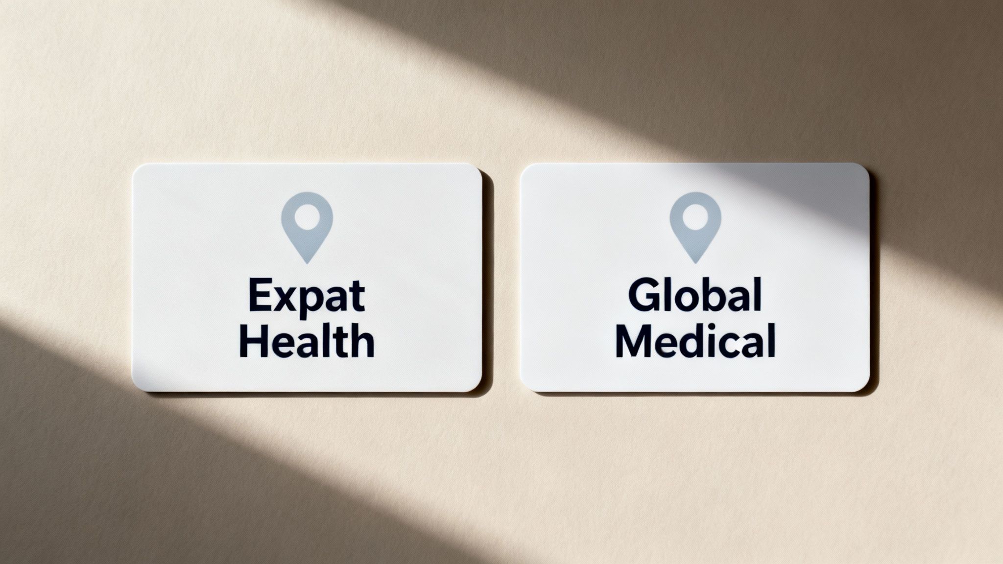 Two white cards, 'Expat Health' and 'Global Medical', with map pin icons on a light beige background.