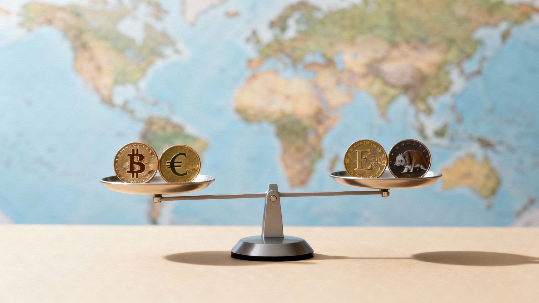 A balance scale showing cryptocurrency and traditional currency coins against a world map backdrop.