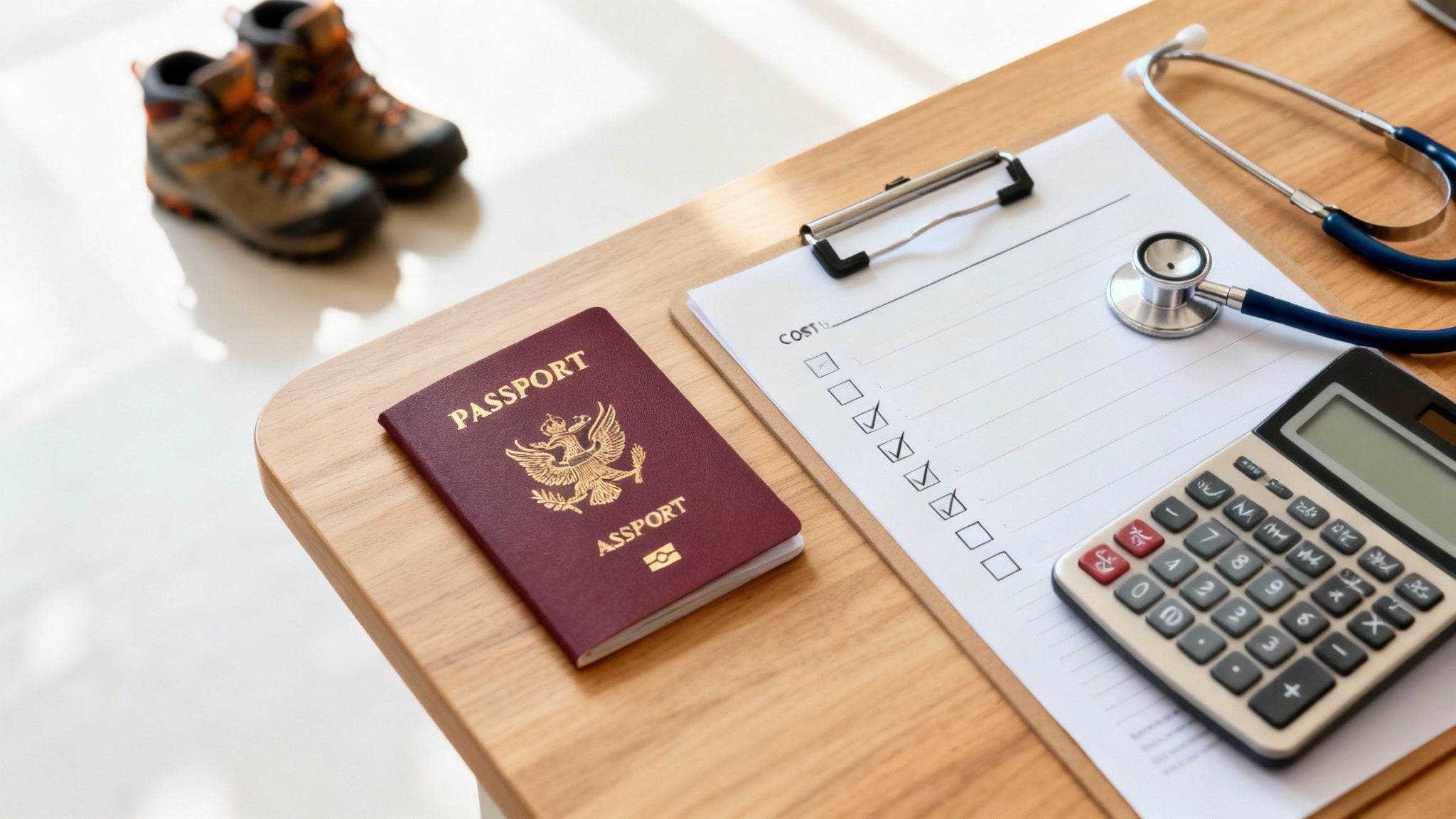 A passport, checklist, stethoscope, and calculator on a wooden table, suggesting medical travel planning.