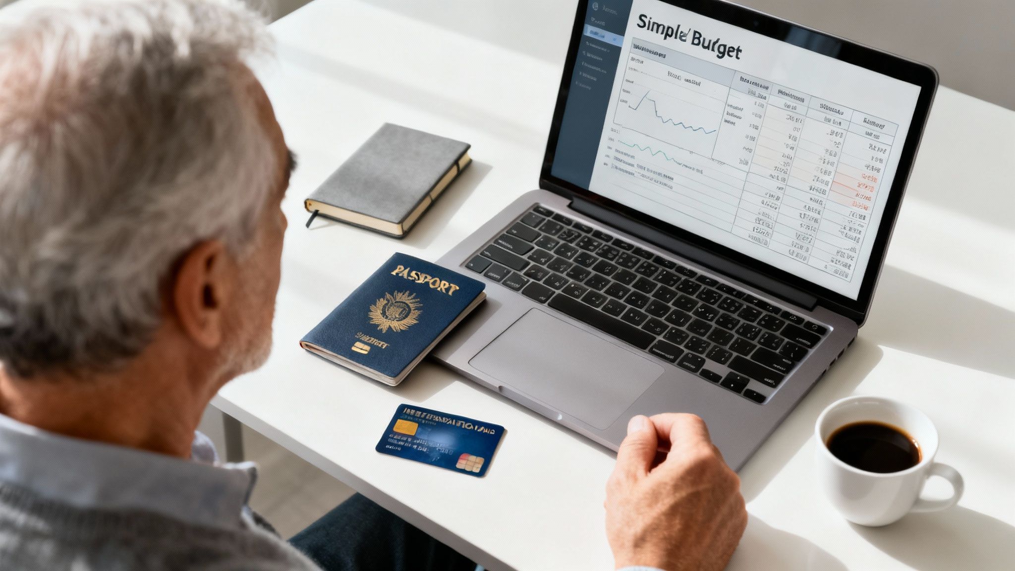 Elderly man plans overseas retirement using laptop with budget, passport, credit card, and coffee.