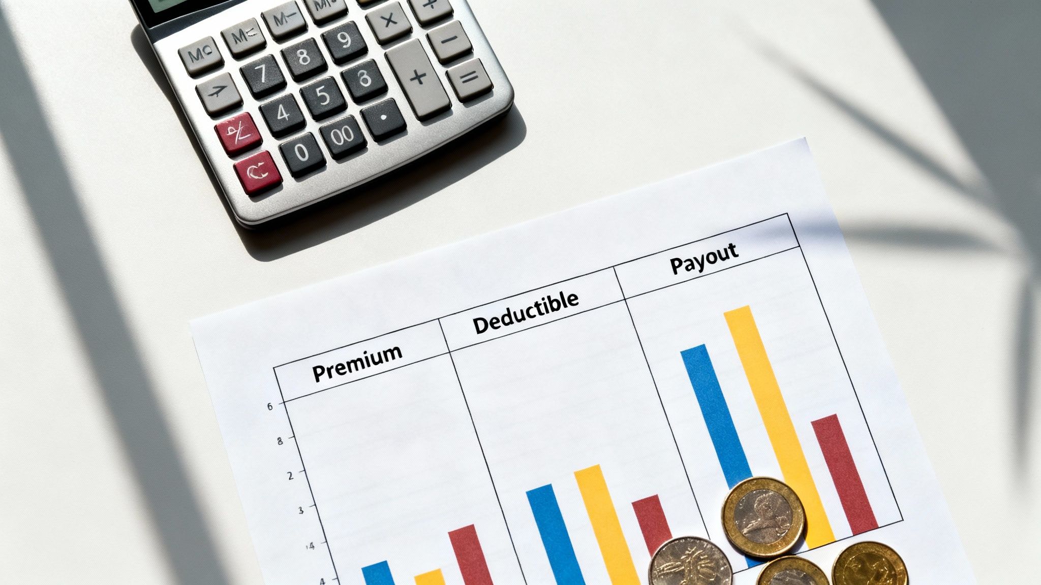 A calculator and coins sit next to a financial chart illustrating insurance premiums, deductibles, and payouts.