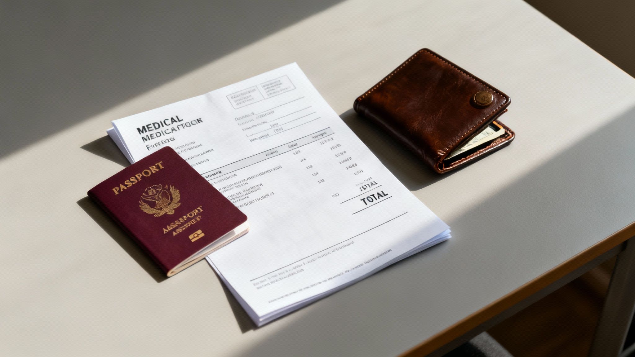 A red passport, a medical document titled 'MEDICAL', and a brown wallet on a light-colored desk.