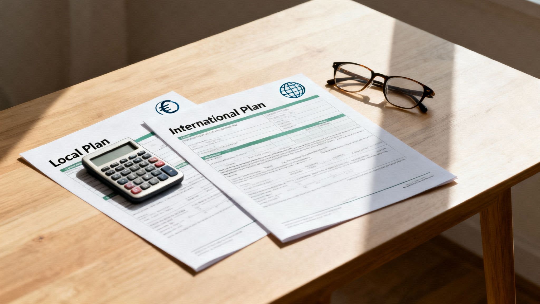 Two documents titled 'Local Plan' and 'International Plan' with a calculator and glasses on a wooden table.