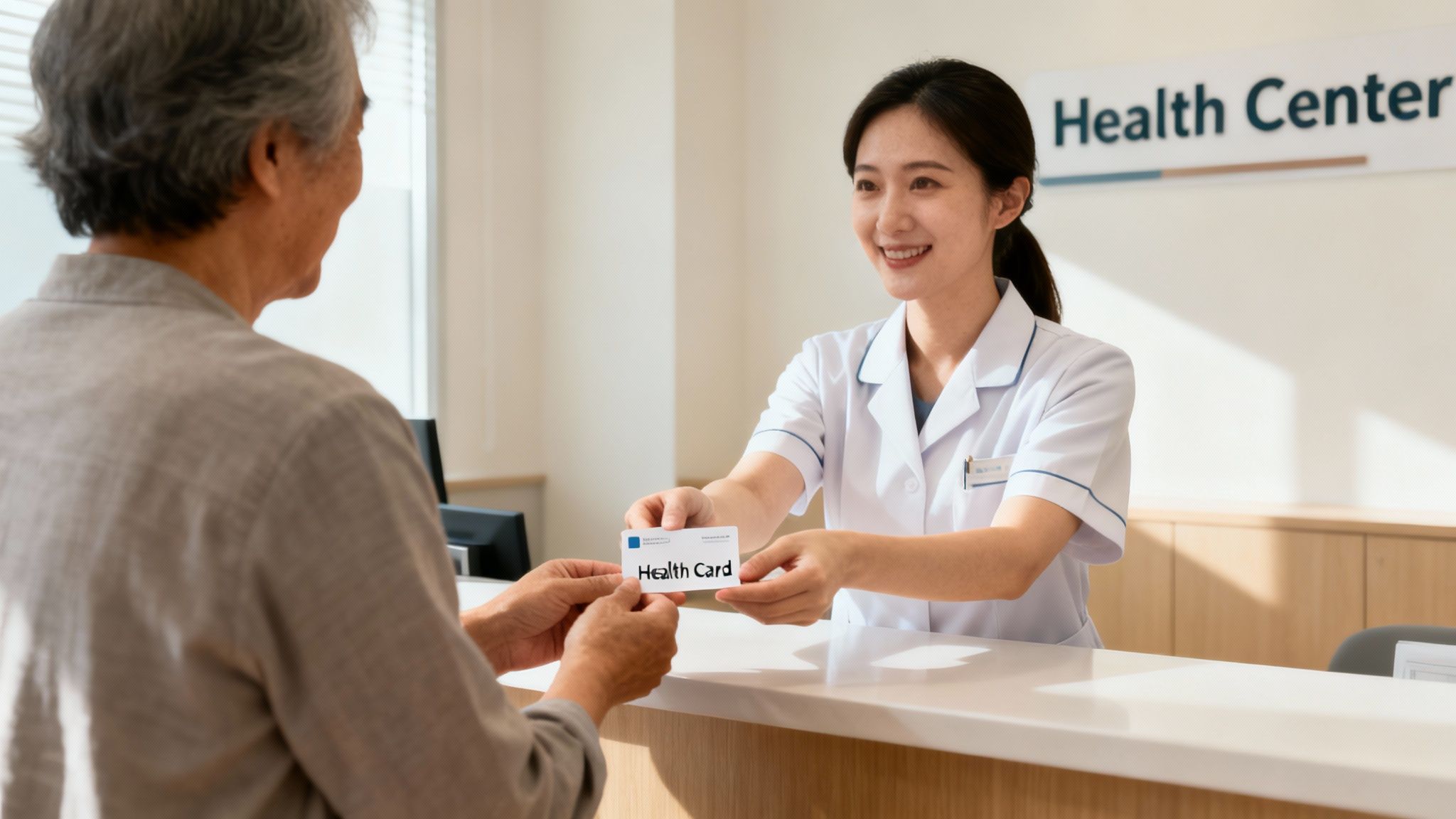 A friendly receptionist hands a health card to an elderly man at a health center.