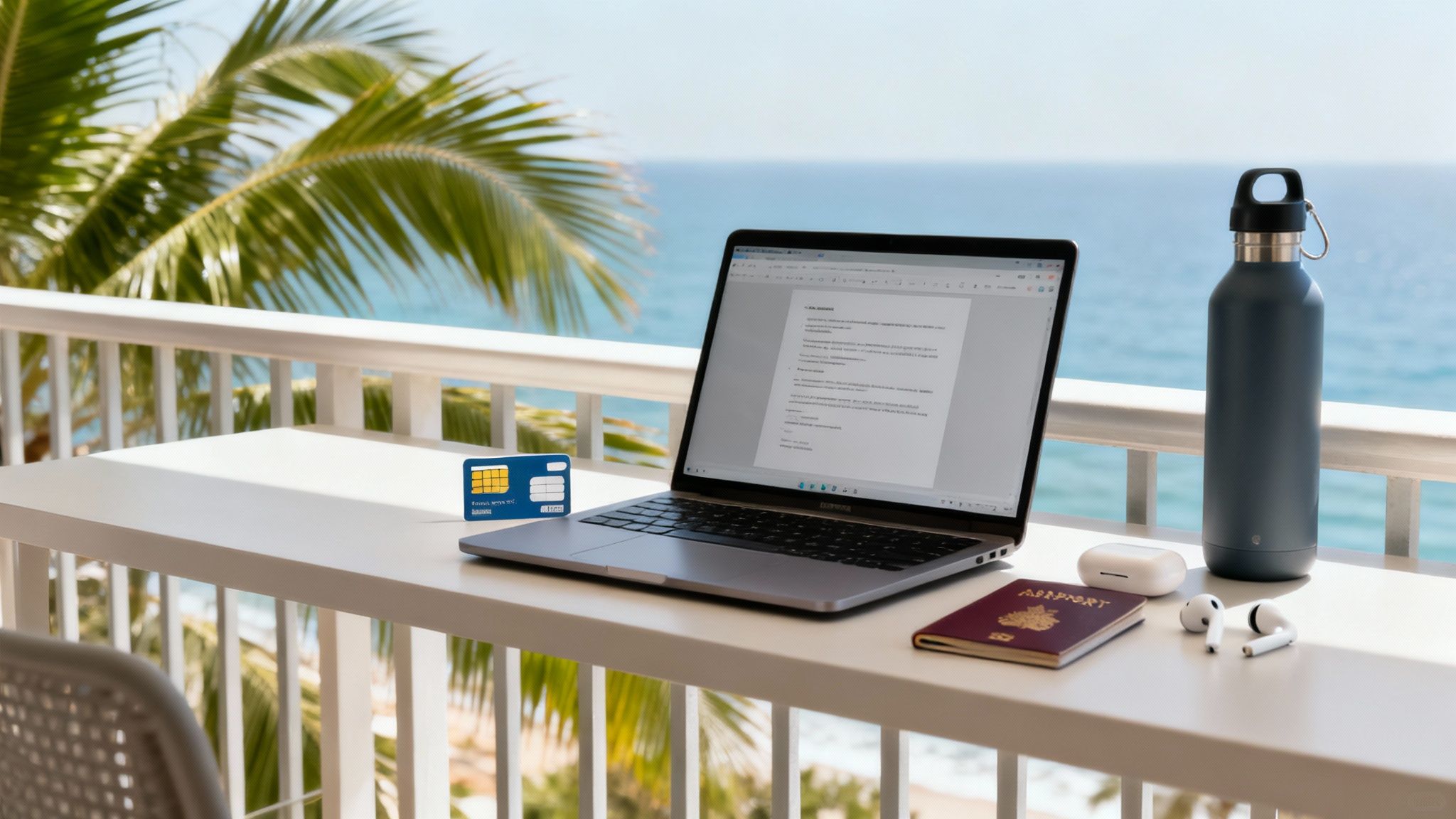 A laptop, SIM card, passport, and water bottle on a white table overlooking the ocean.